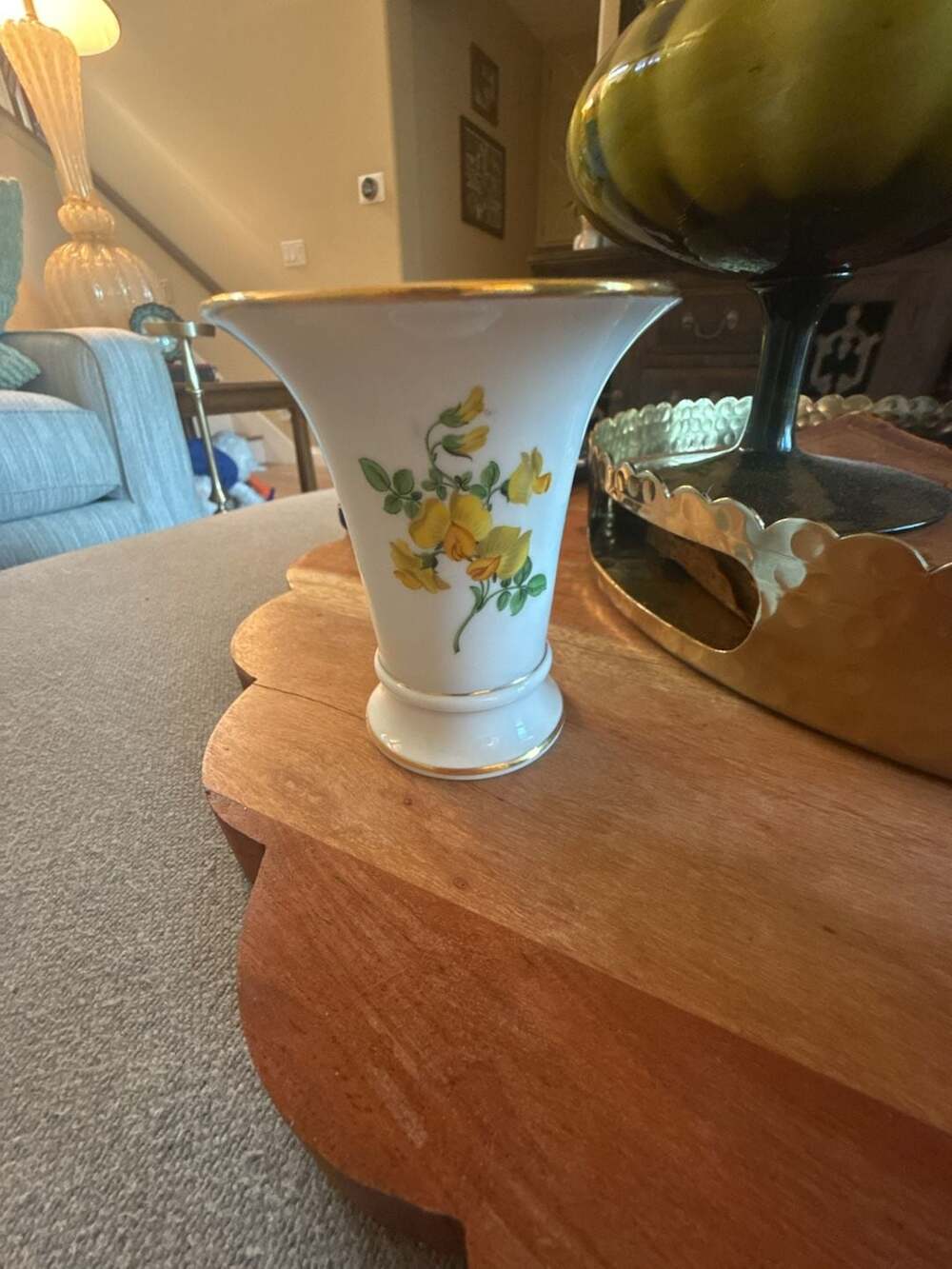 Meissen Porcelain Floral Hand-Painted Trumpet Vase with Gold Gilt Rim with chip